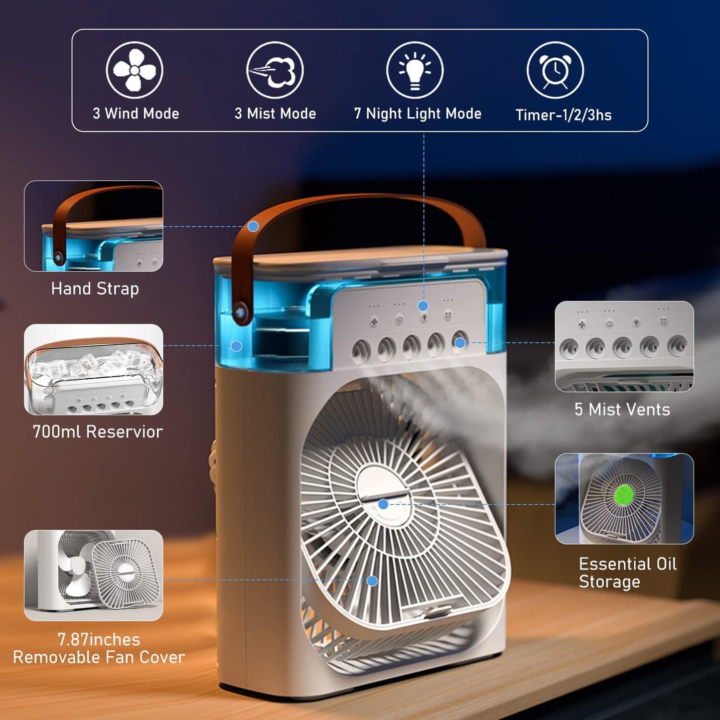MINI PORTABLE MIST COOLER - 1PC PORTABLE COOLER WITH 5 MIST PORTALS AND 60° OF ADJUSTMENT